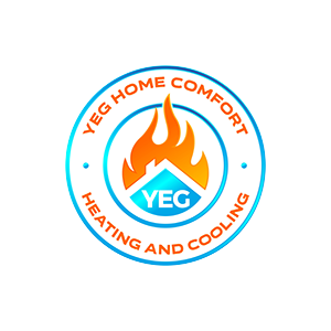Logo of YEG Home Comfort, showcasing a vibrant flame encircled by a teal ring with the text 'Heating and Cooling' – Your trusted HVAC specialists in Edmonton.