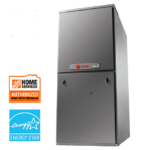 A silver gas furnace with a black and red label that says “Trane XC95m Modulating Furnace” in the center. There is a white sticker on the lower left side that says “Authorized Home Depot Installer” and an orange sticker on the right side that says “ENERGY STAR.”