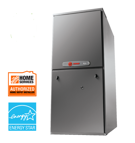 A silver gas furnace with a black and red label that says “Trane XC95m Modulating Furnace” in the center. There is a white sticker on the lower left side that says “Authorized Home Depot Installer” and an orange sticker on the right side that says “ENERGY STAR.”