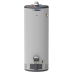 A gray and black GE Realmax Platinum 40-gallon short natural gas atmospheric water heater with a white background. The water heater has a digital display and control panel on the front.